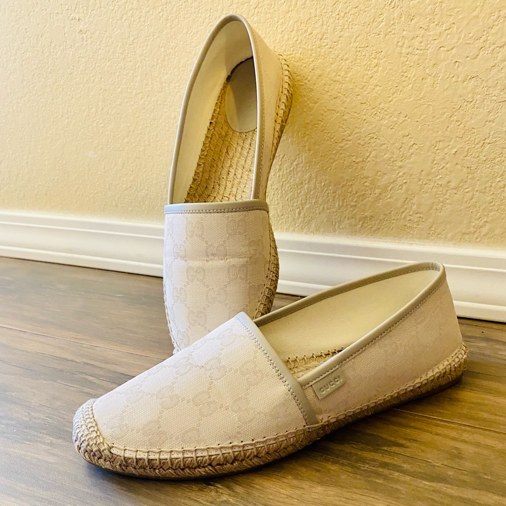 Euc Gucci Cream Gg Canvas & Leather Trim Espadrilles
